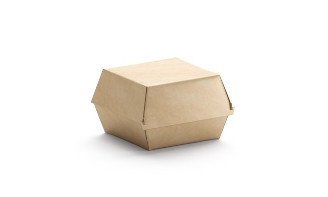Blank craft burger box mockup, isolated, side view, 3d rendering. Empty cardboard container mockup for hamburger and sandwich. Clear carton package for cheeseburger template. Portable fast food pack.