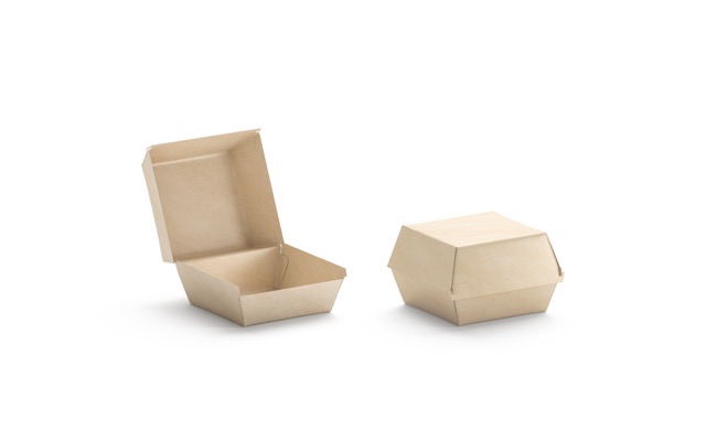 Blank opened and closed craft burger box mockup, side view, 3d rendering. Empty brown boxed mock up, isolated. Clear pasteboard portable container for cafe or restaurant branding template.