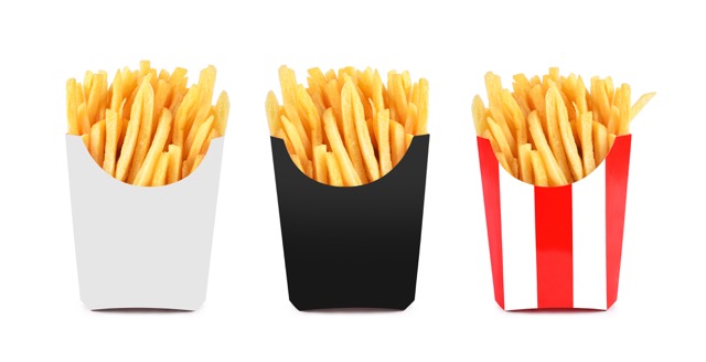Collection of french fries in white, black, red paper box isolated on white